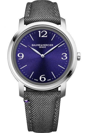 baume & mercier classima blue dial quartz watch with fabric strap for men - moa10706