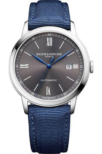 baume & mercier classima grey dial automatic watch with canvas strap for men - moa10608