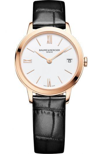 baume & mercier classima white dial quartz watch with leather strap for women - moa10440