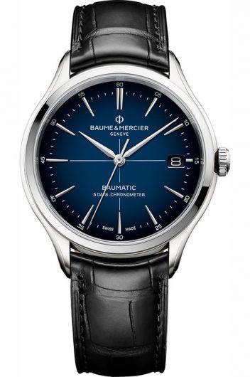 baume & mercier clifton blue dial automatic watch with leather strap for men - moa10467