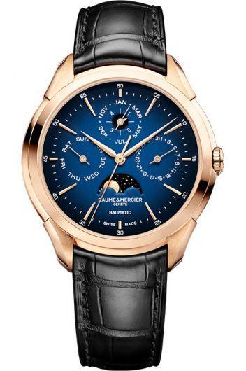 baume & mercier clifton blue dial automatic watch with leather strap for men - moa10632