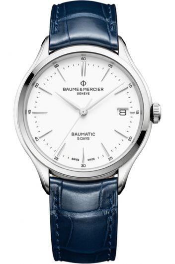 baume & mercier clifton white dial automatic watch with leather strap for men - moa10398