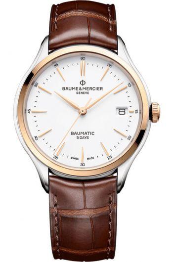 baume & mercier clifton white dial automatic watch with leather strap for men - moa10401