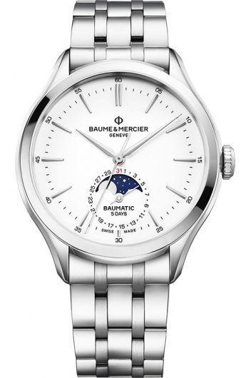 baume & mercier clifton white dial automatic watch with steel bracelet for men - moa10552