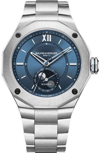 baume & mercier riviera blue dial automatic watch with steel bracelet for men - moa10682