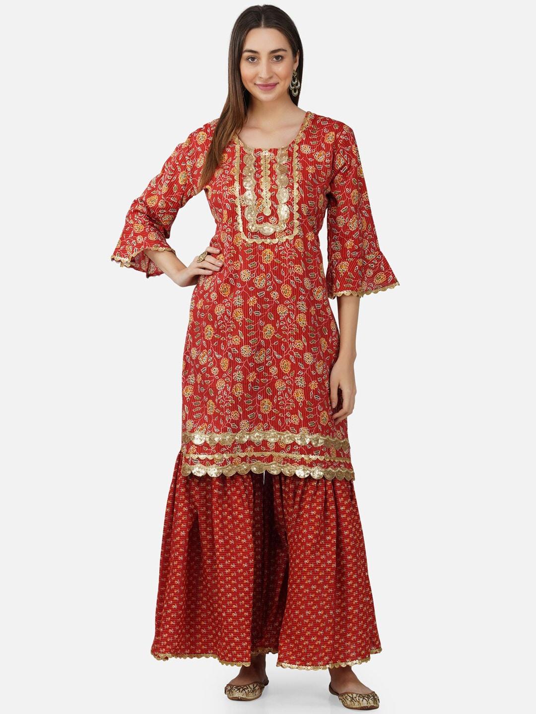 bcz style women floral printed sequinned bell sleeve pure cotton kurta with sharara