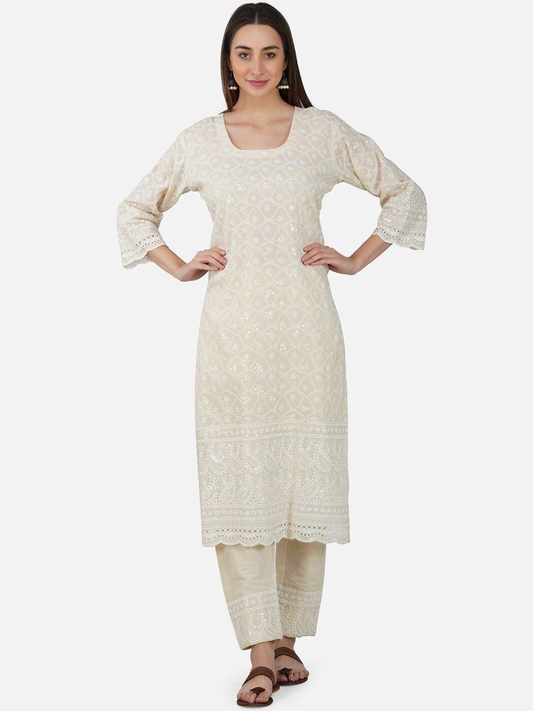 bcz style embroidered chikankari white romance pure cotton kurta with trousers