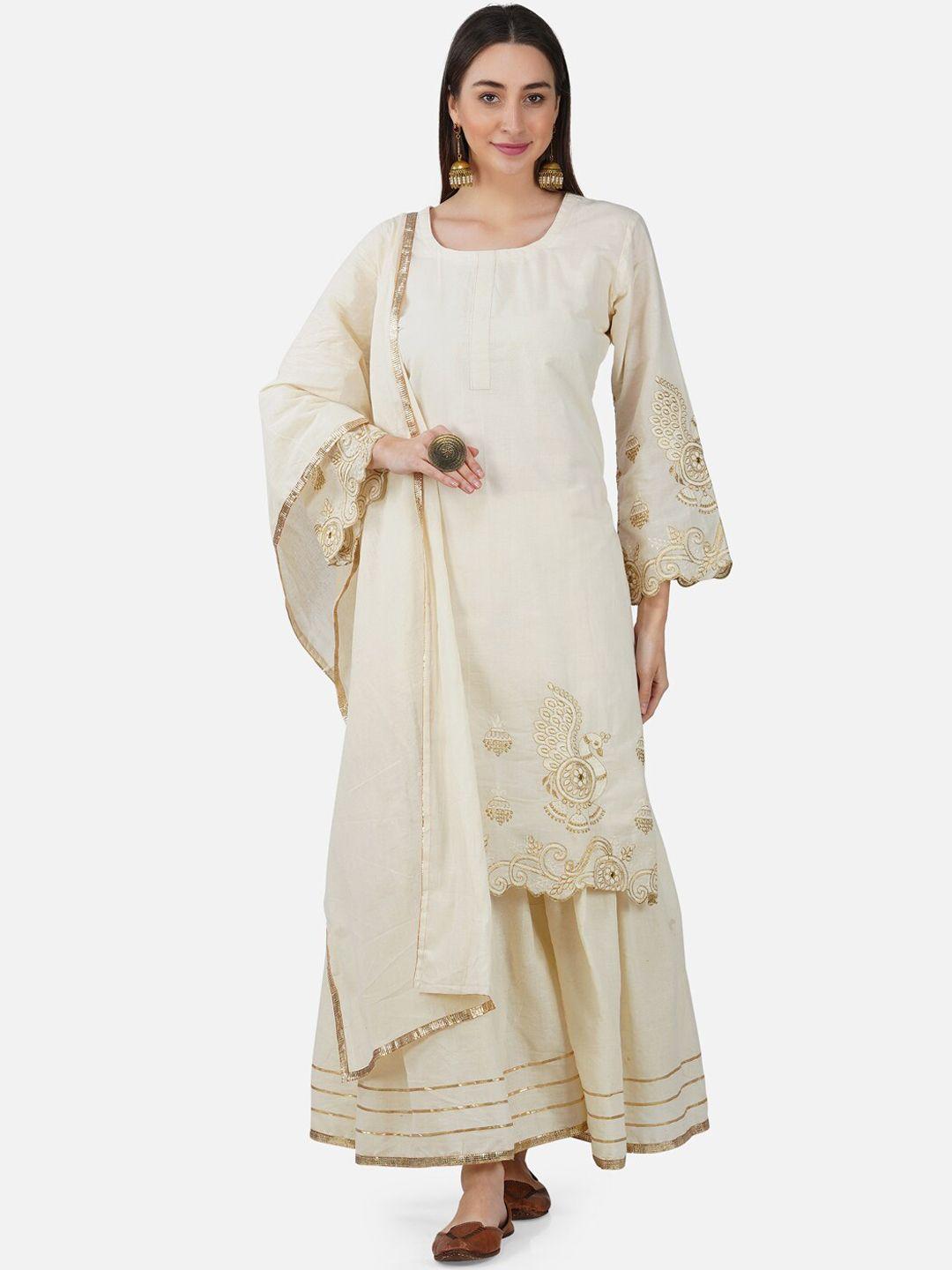 bcz style ethnic motifs gotta patti pure cotton white romance kurta with sharara & dupatta