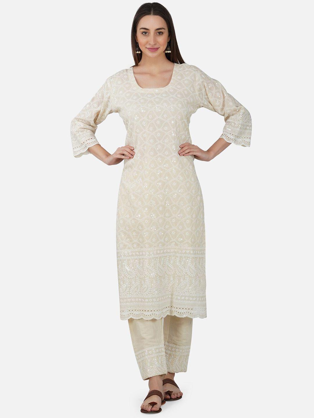 bcz style women floral embroidered pure cotton kurta with trousers