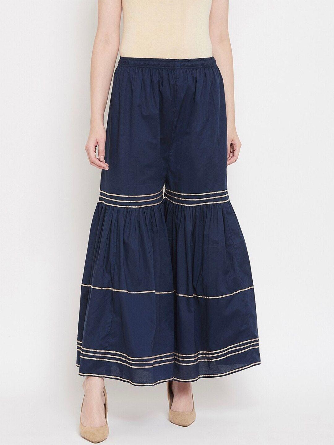 bcz style women navy blue & gold-toned striped flared handloom palazzos