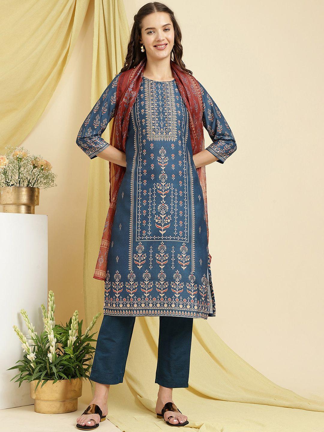 be indi ethnic motifs printed regular sequined straight kurta & trousers with dupatta