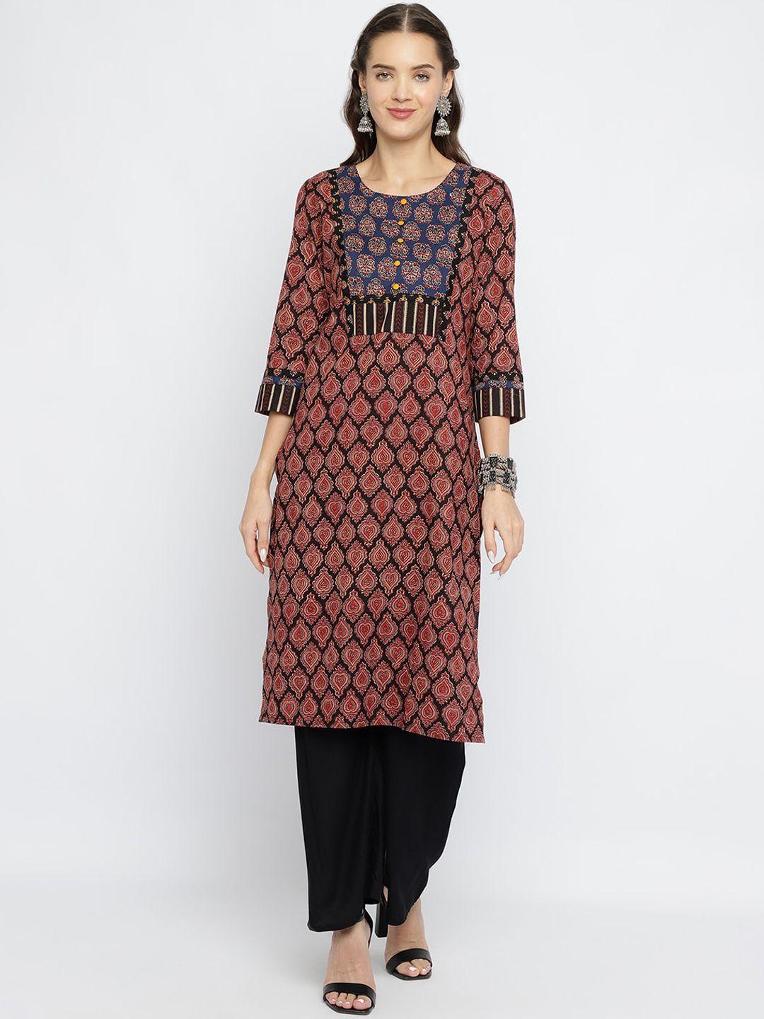 be indi ethnic motifs printed yoke  design cotton regular kurta