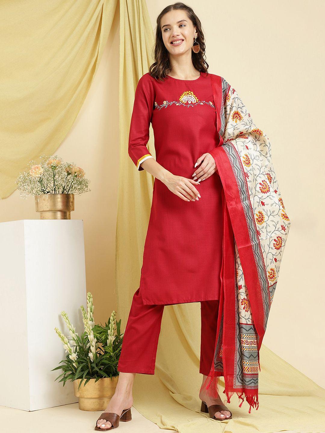 be indi floral embroidered thread work straight kurta & trousers with dupatta