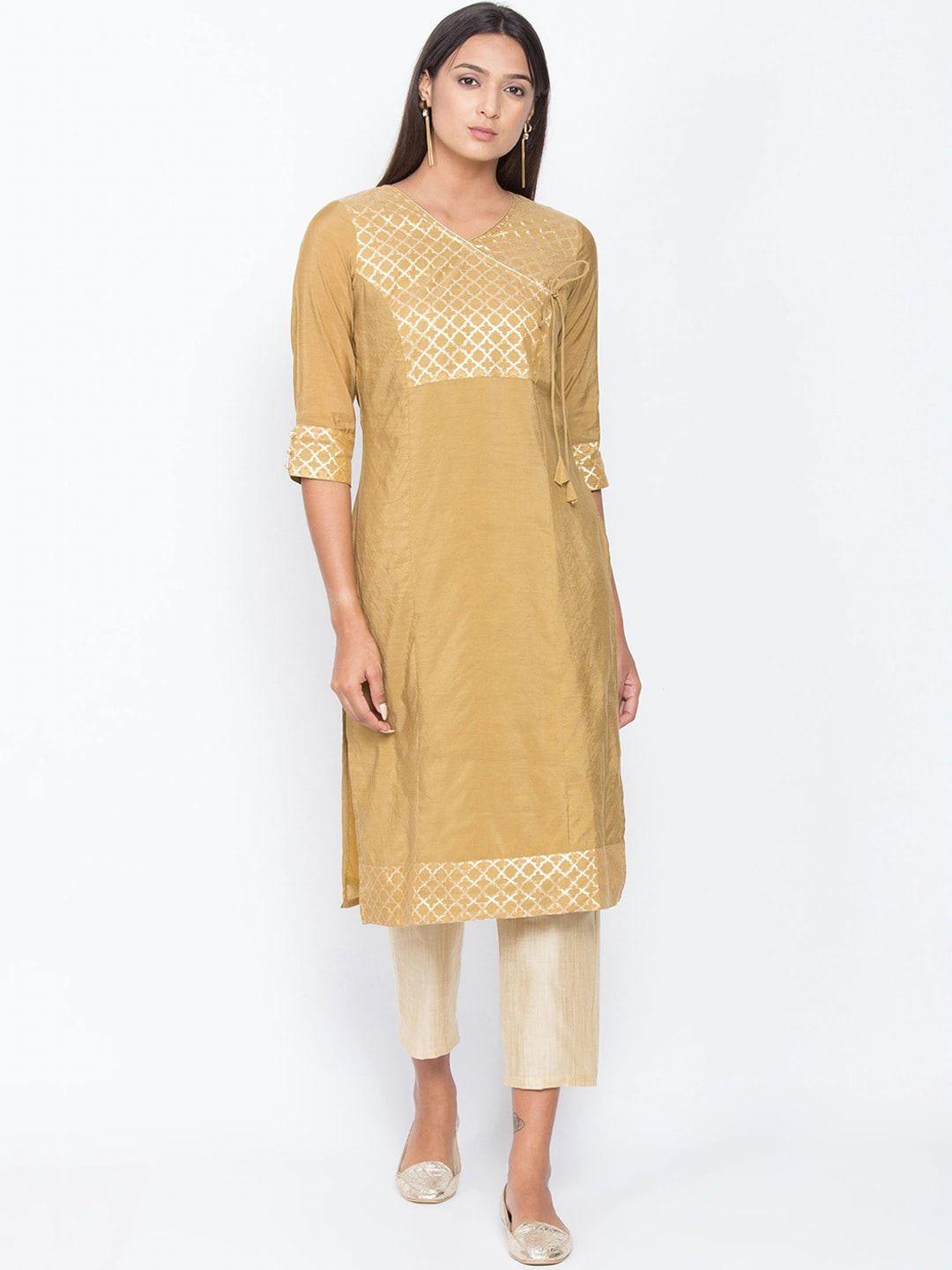 be indi women beige & cream ethnic motifs embroidered angrakha kurta with trousers