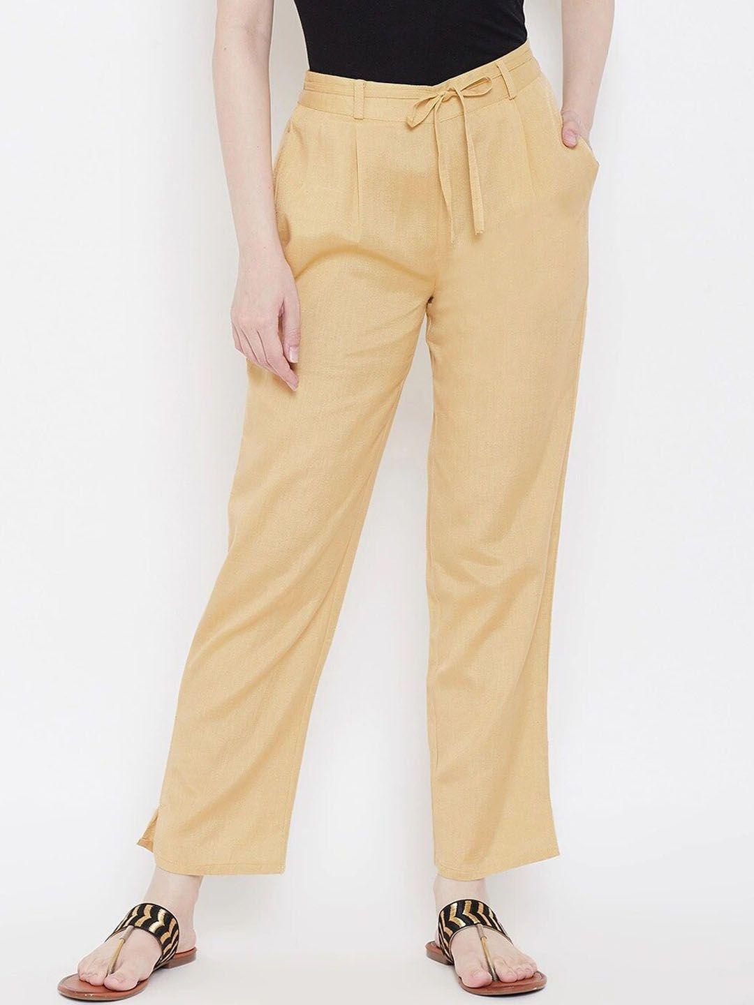 be indi women beige straight fit pleated trousers