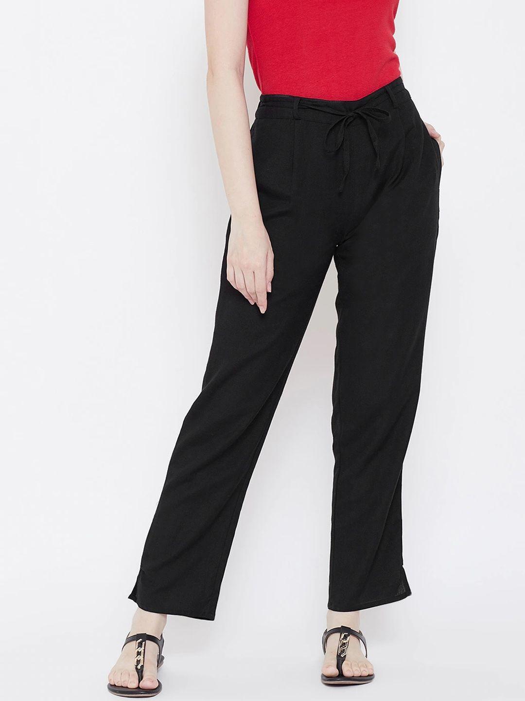 be indi women black solid straight fit tie up trouser