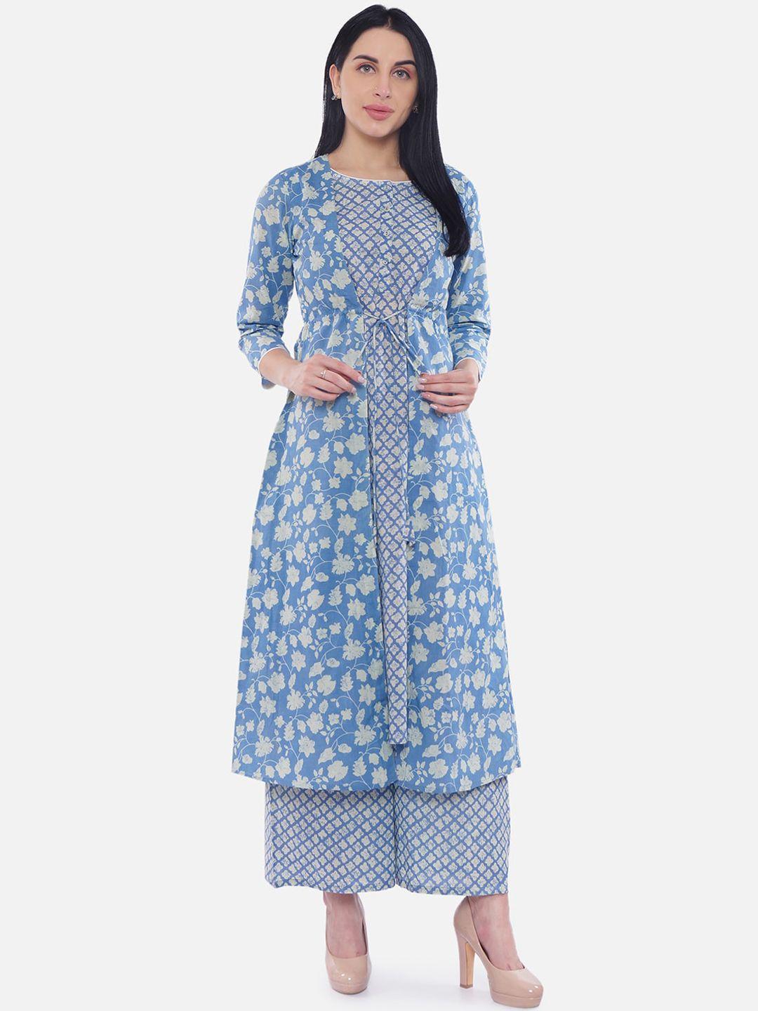 be indi women blue printed kurta with palazzos
