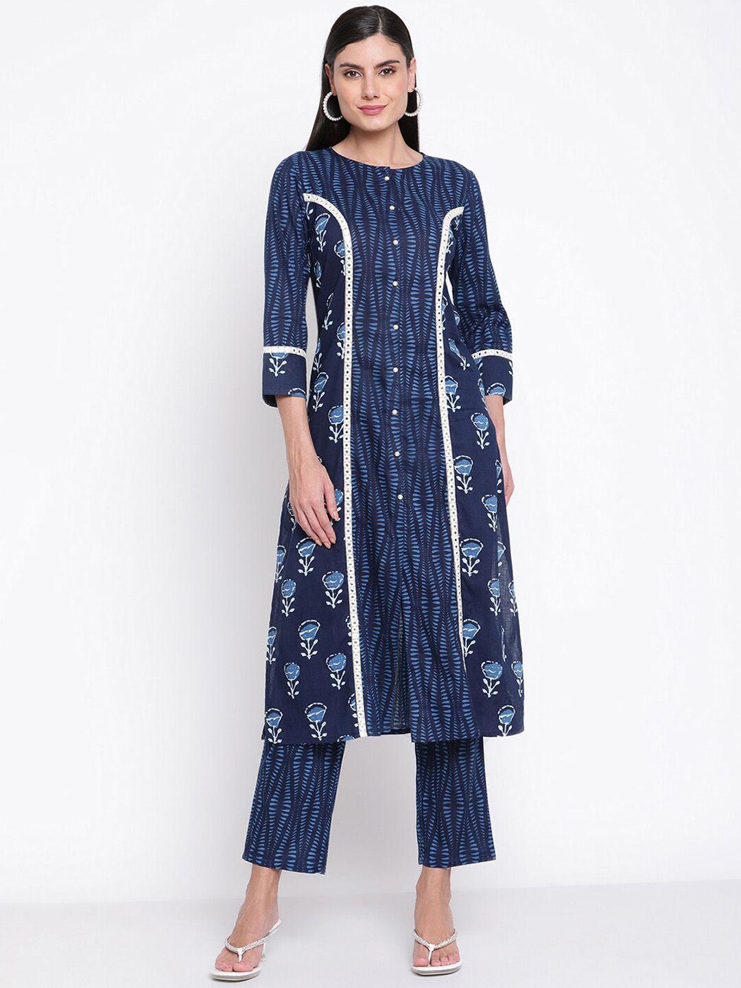 be indi women blue printed layered pure cotton kurti with trousers