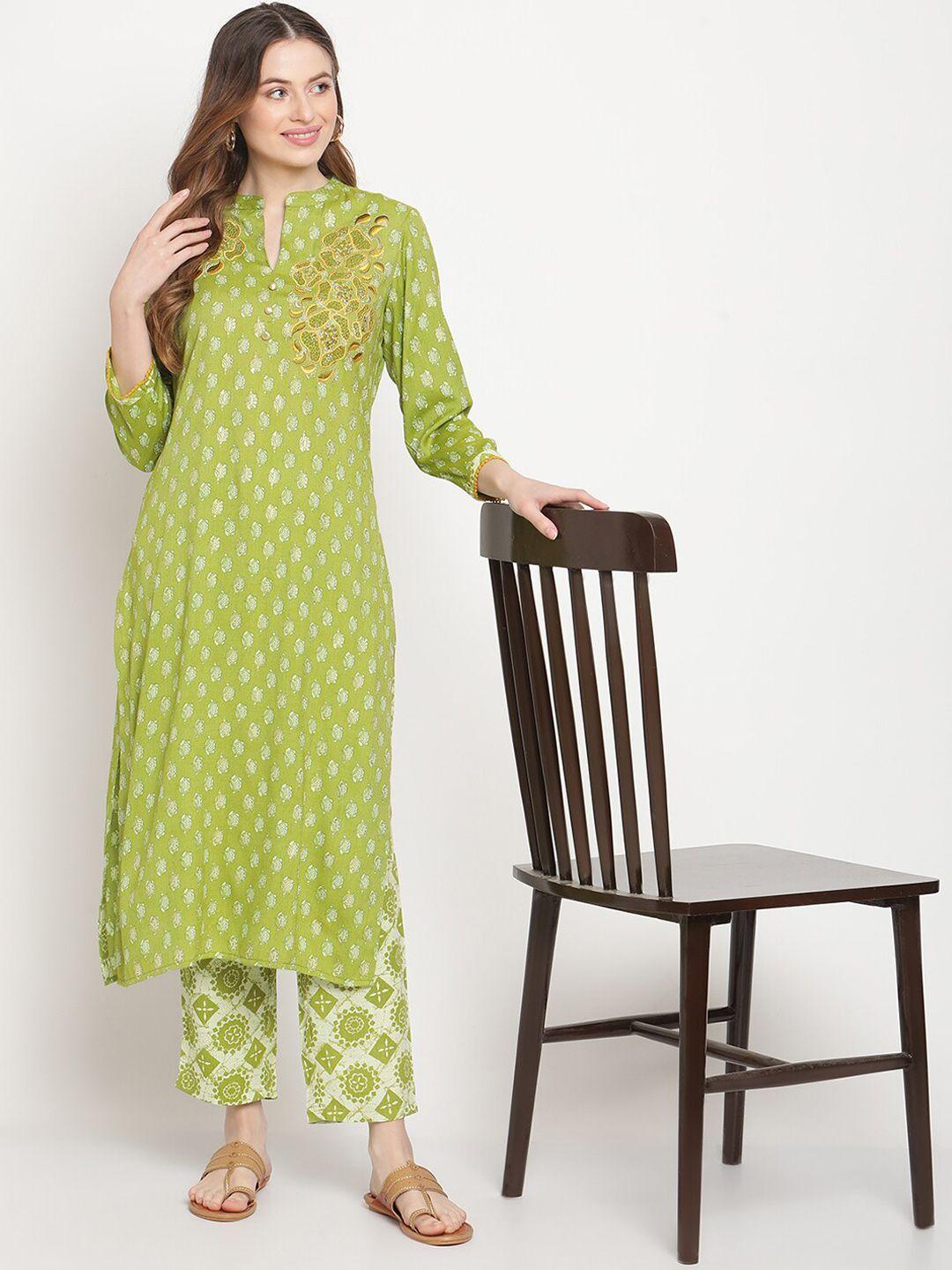 be indi women green ethnic motifs printed thread work kurta with trousers