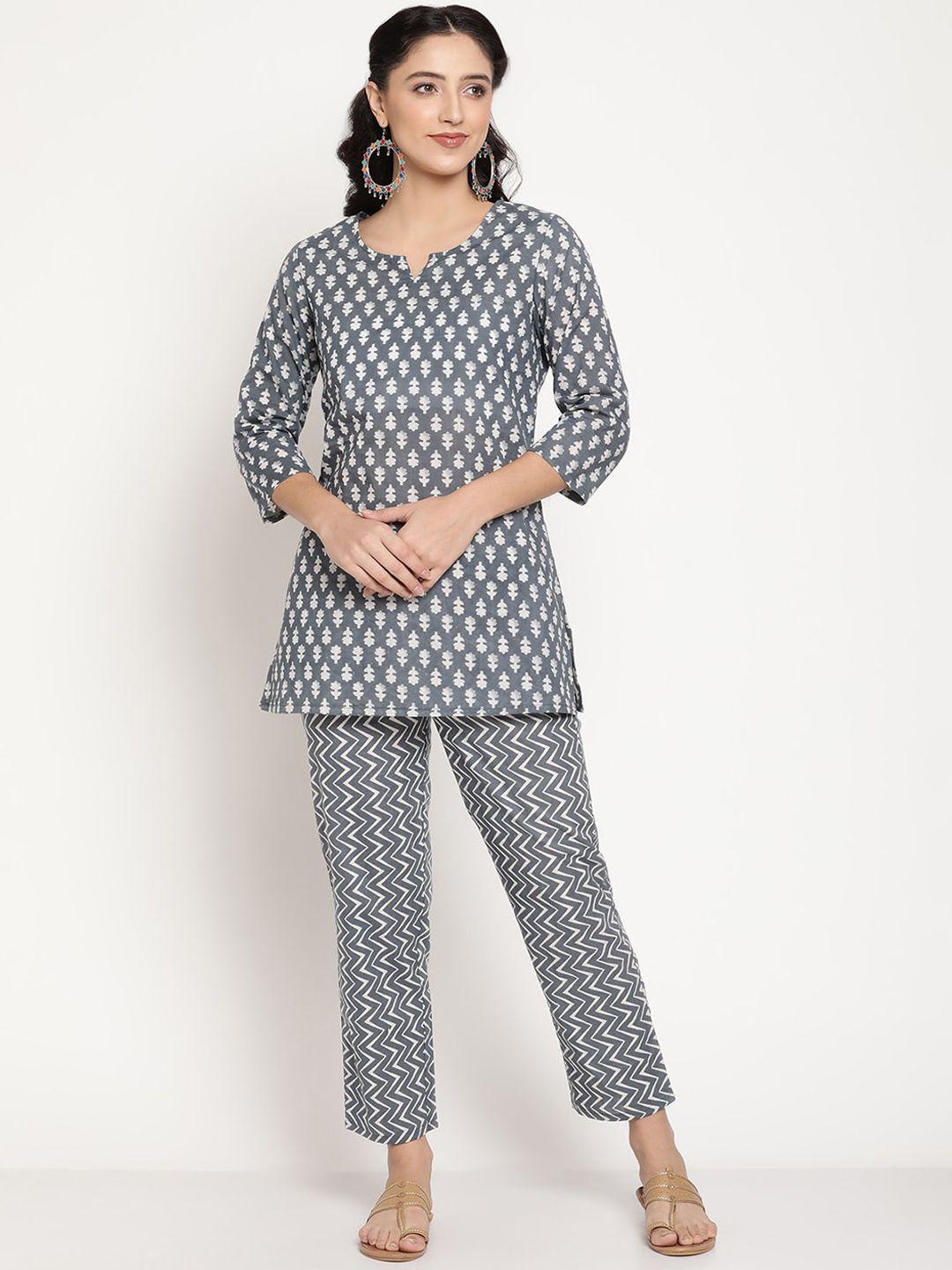 be indi women grey & white printed pure cotton night suit