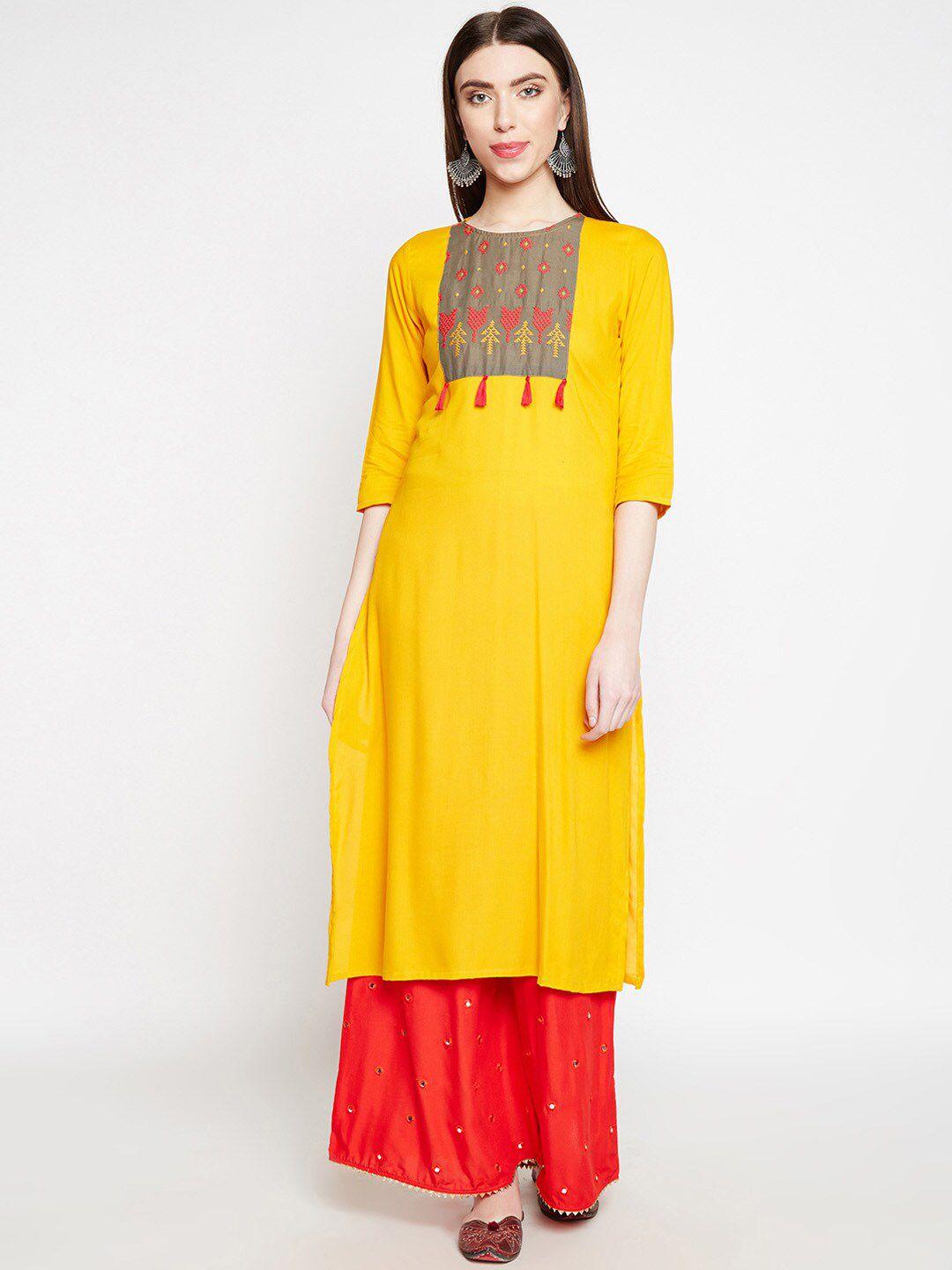 be indi women mustard yellow ethnic motifs yoke design thread work kurta
