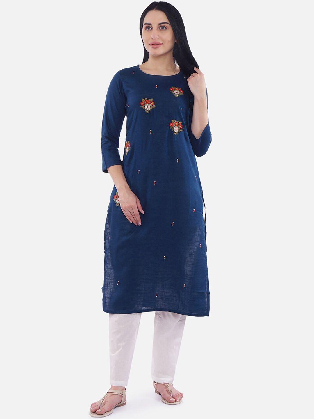be indi women navy blue embroidered straight kurta with sequence work
