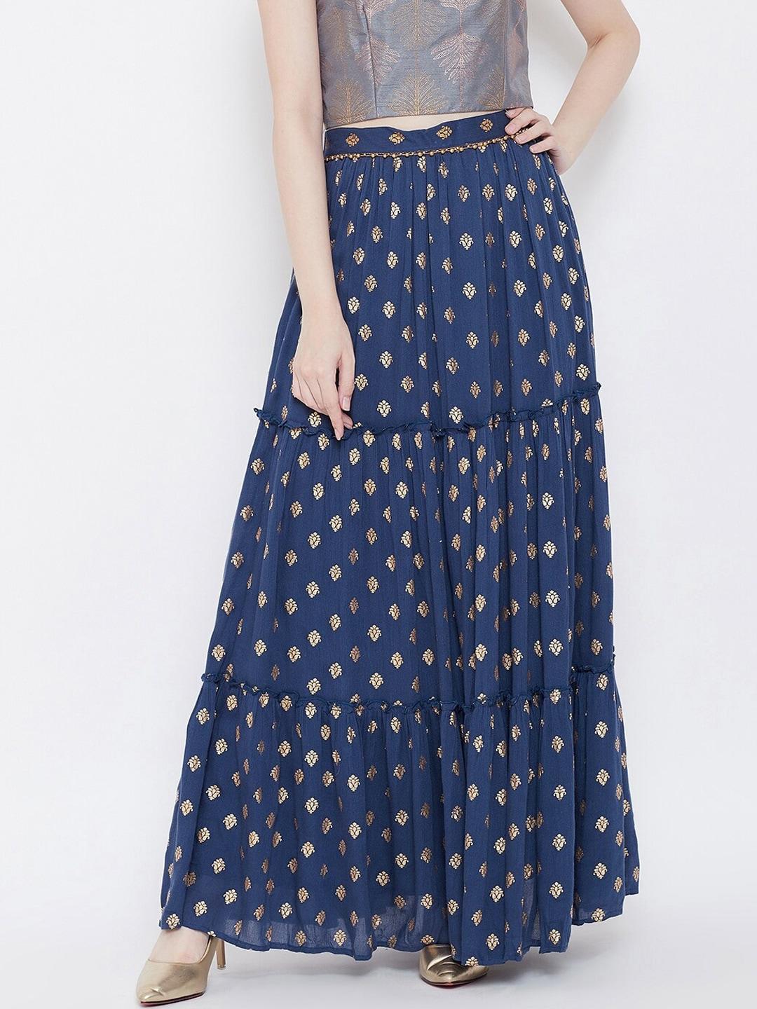 be indi women navy-blue printed tiered flared skirt