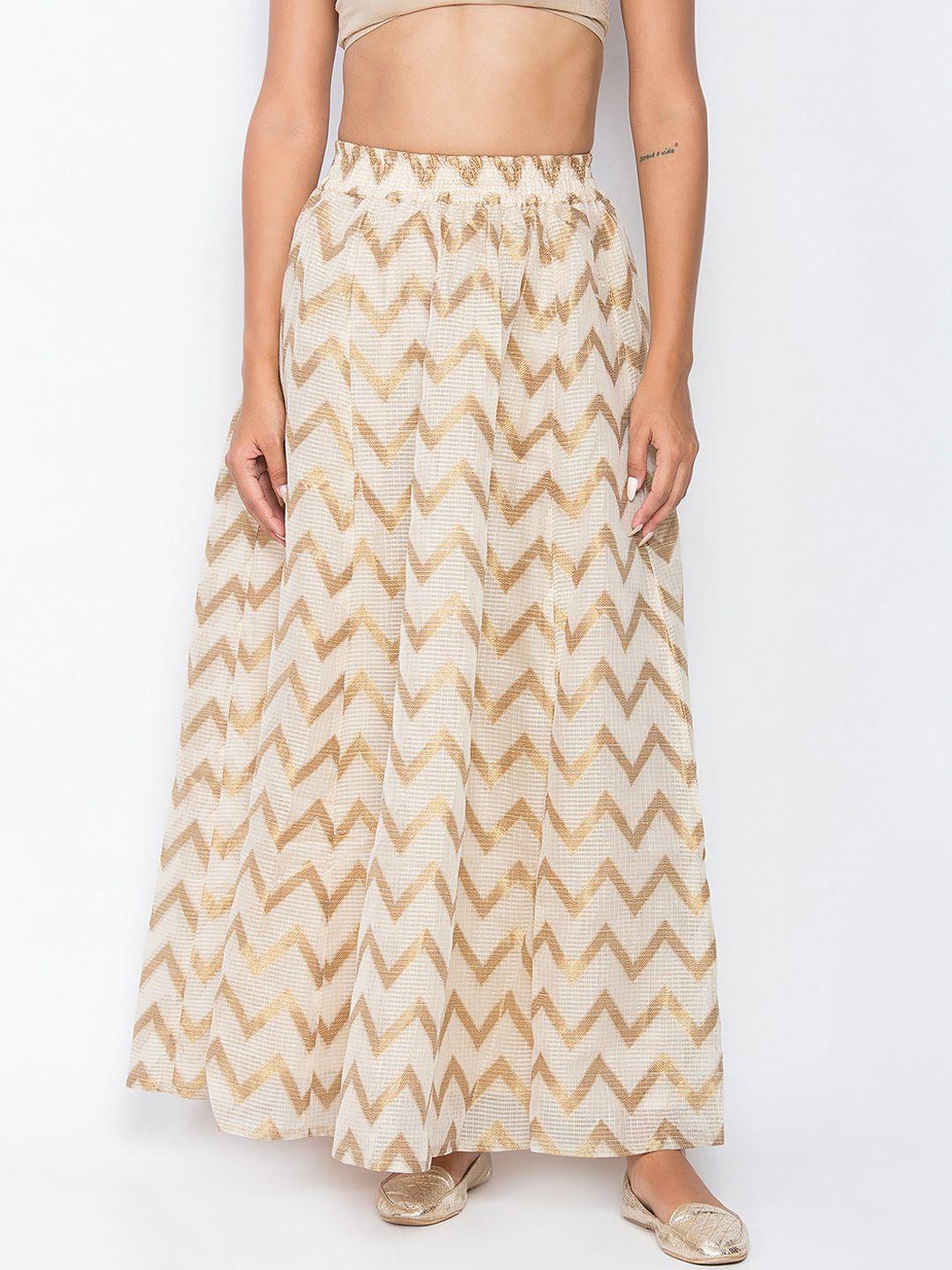 be indi women off-white & gold-coloured striped flared maxi skirt
