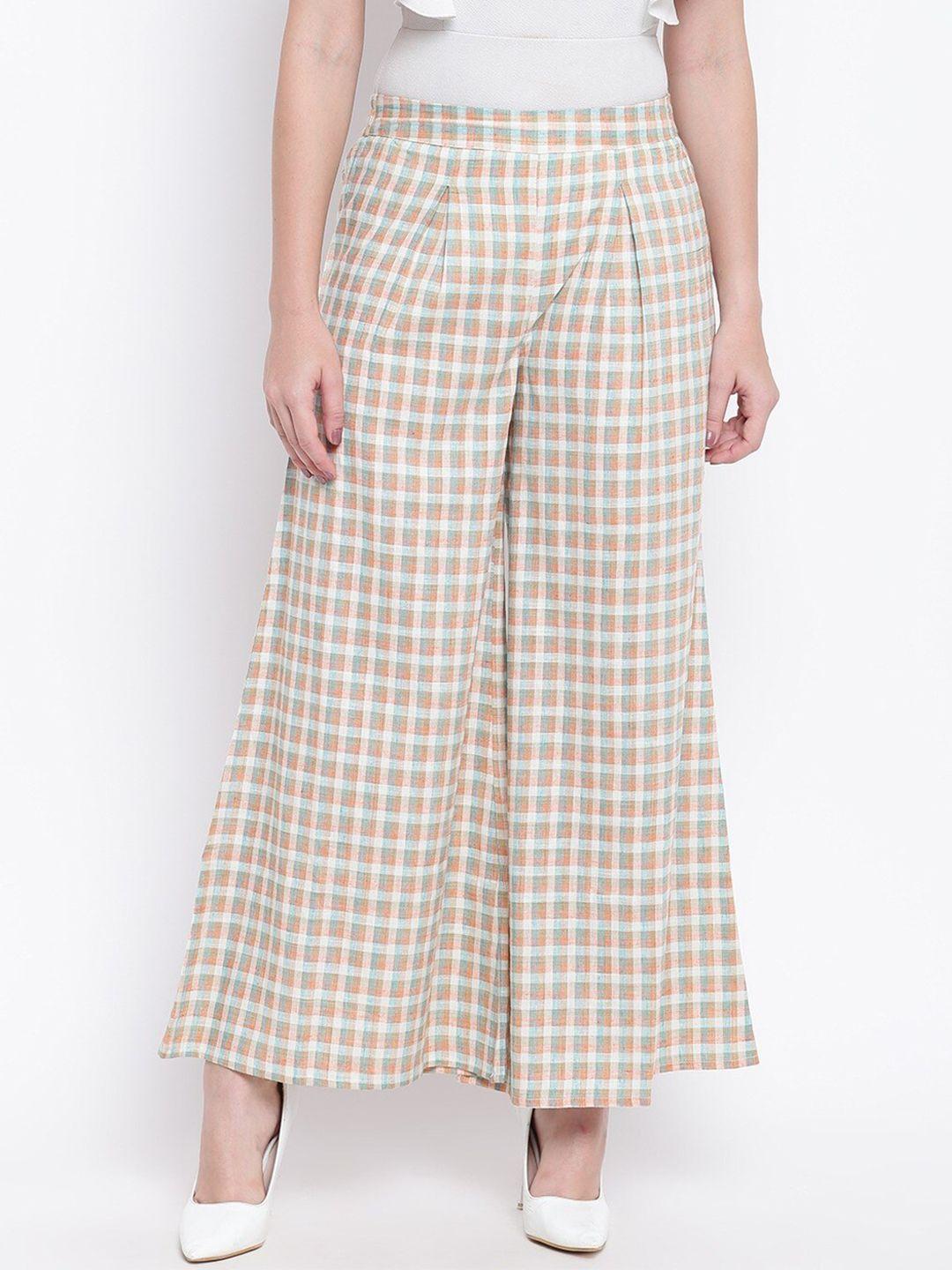 be indi women peach-coloured & off white checked palazzos