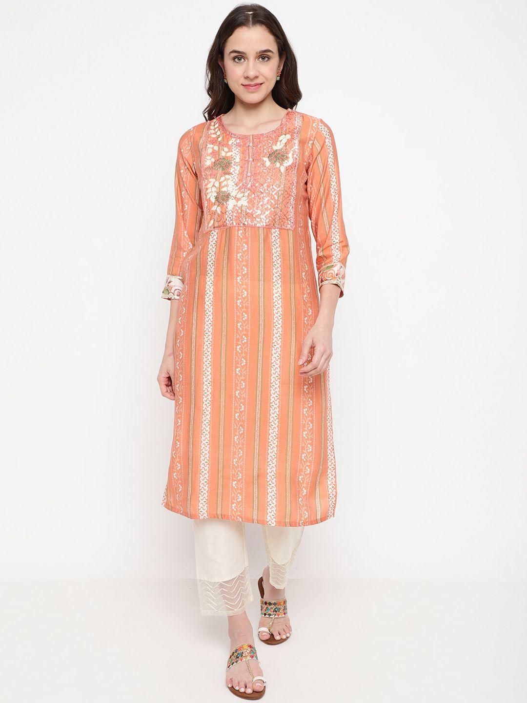 be indi women peach-coloured embroidered kurta
