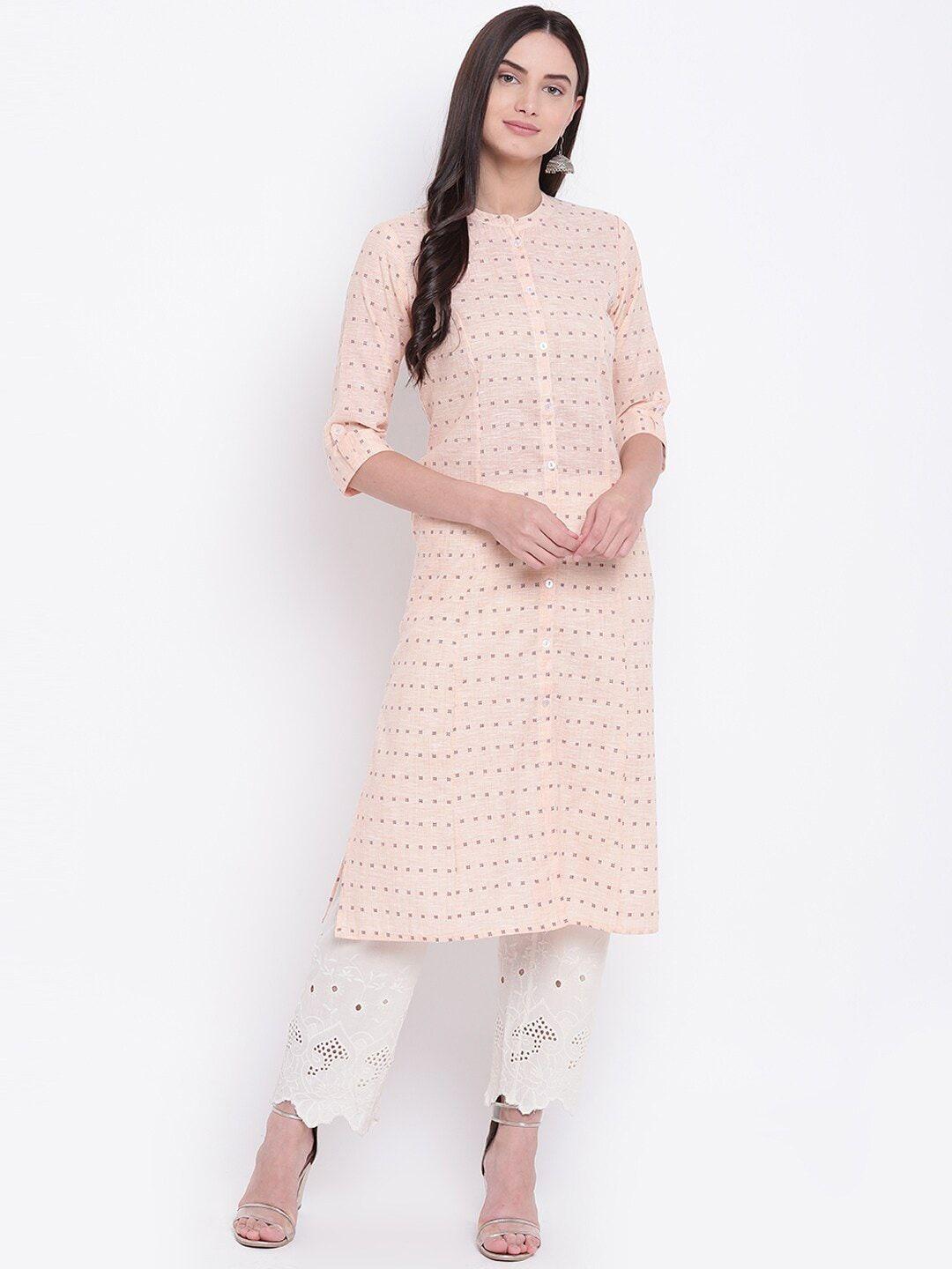 be indi women peach-coloured geometric printed cotton kurta