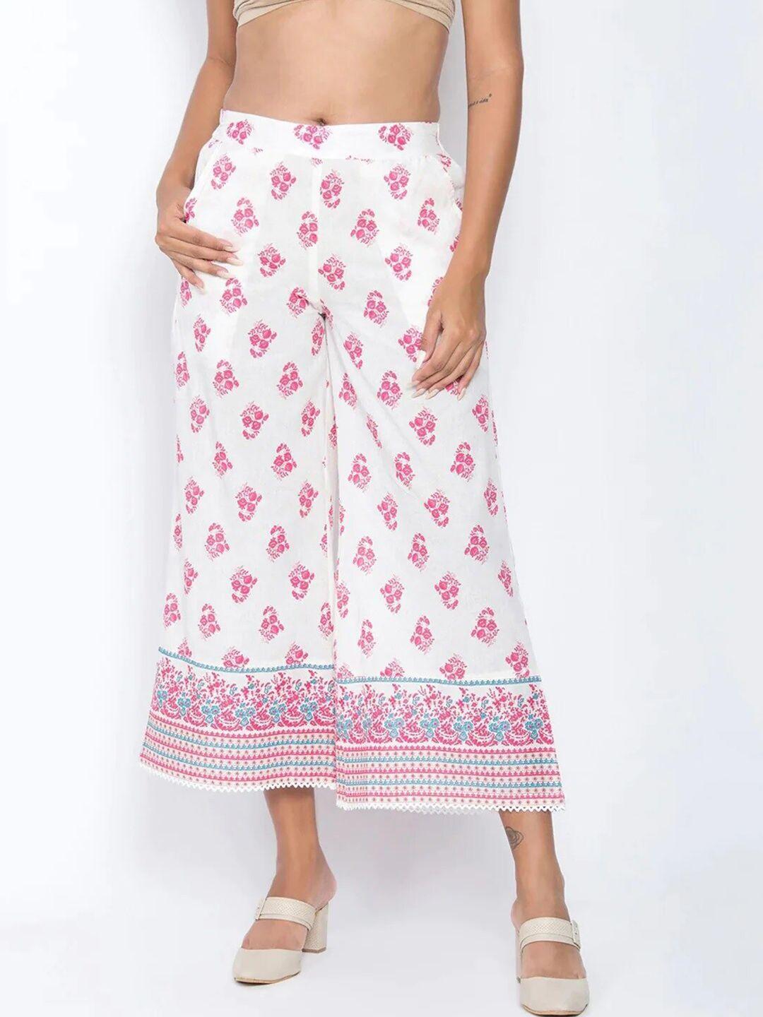 be indi women pink & white floral printed palazzos