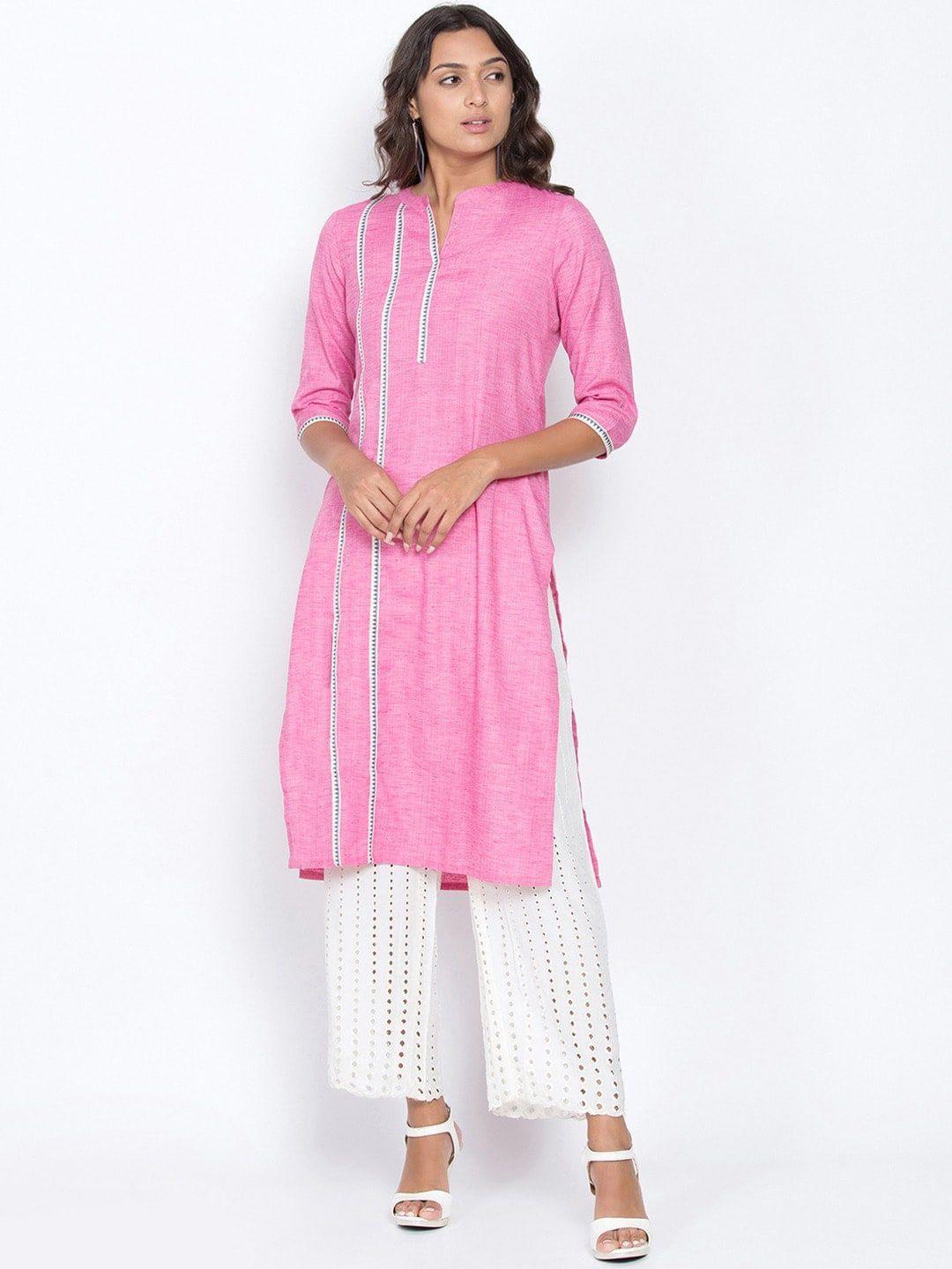 be indi women pink & white yoke design solid straight kurta