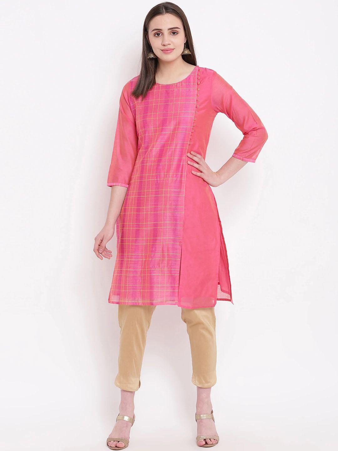be indi women pink checked chanderi silk kurta