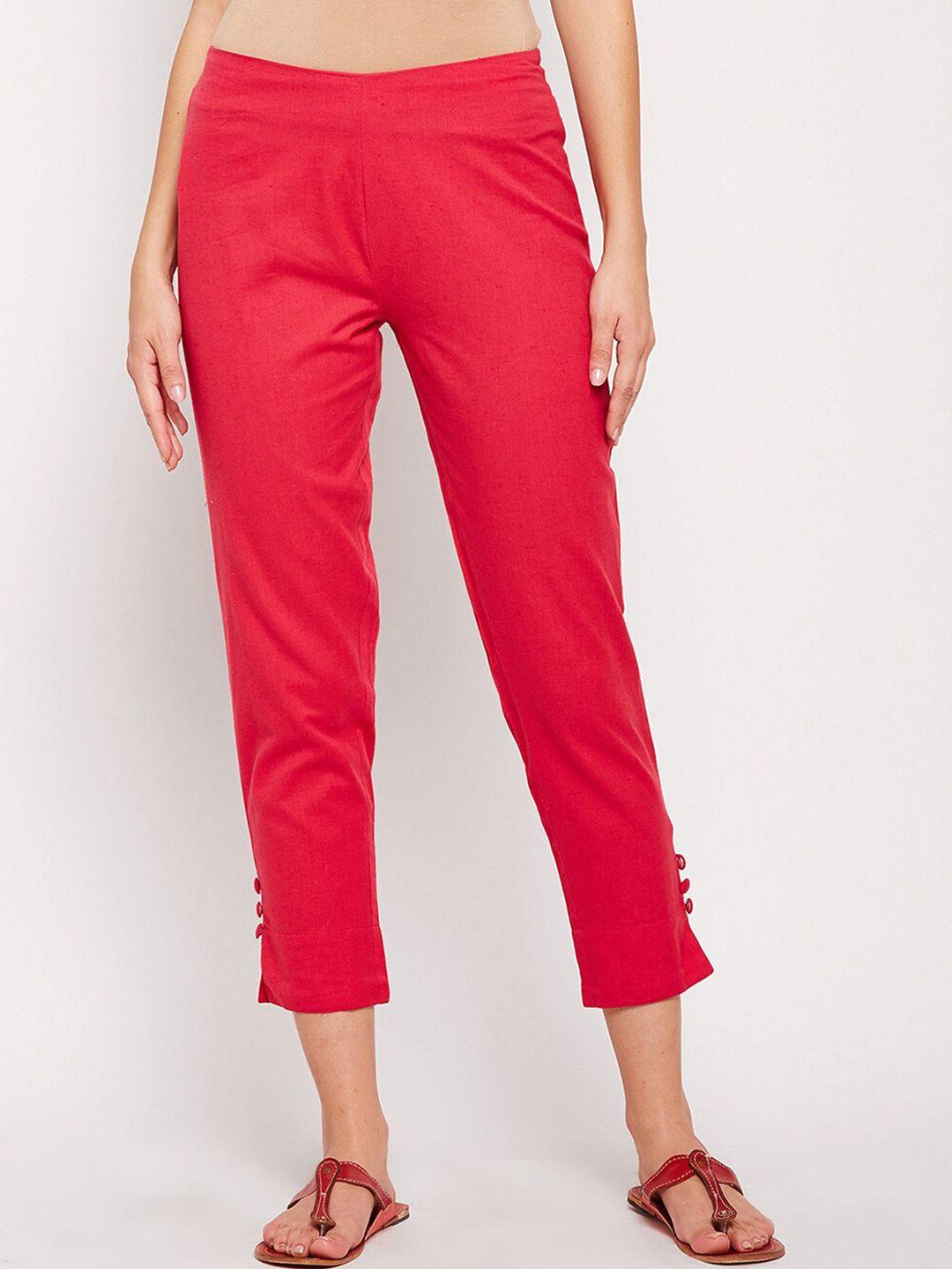 be indi women red straight fit easy wash cotton trousers
