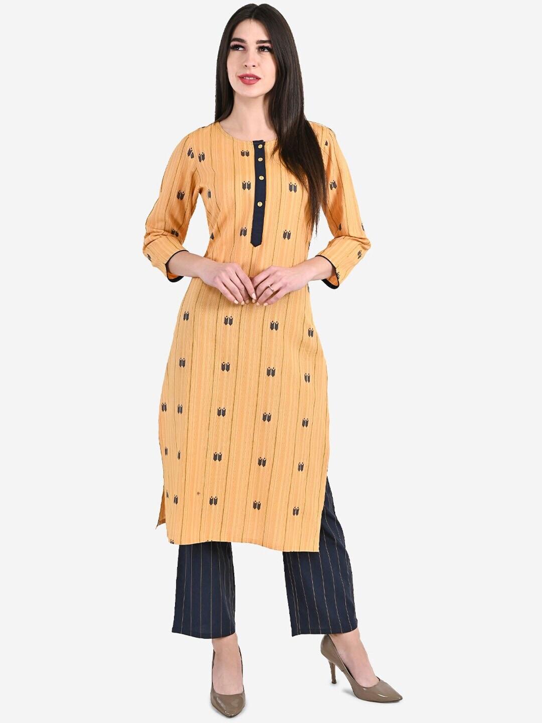 be indi women yellow ethnic motifs embroidered kurta with trousers