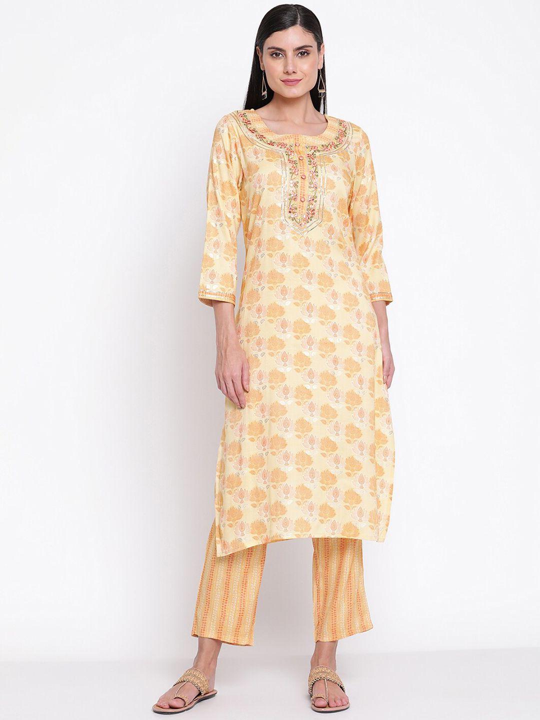 be indi women yellow floral printed mirror work kurta with trousers