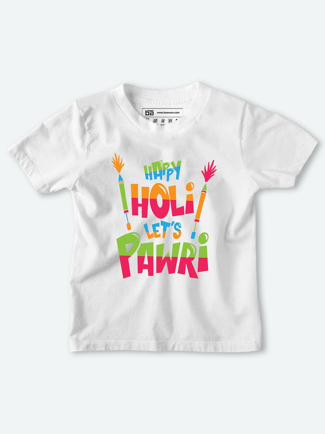 be awara kids white & pink typography printed holi cotton t-shirt