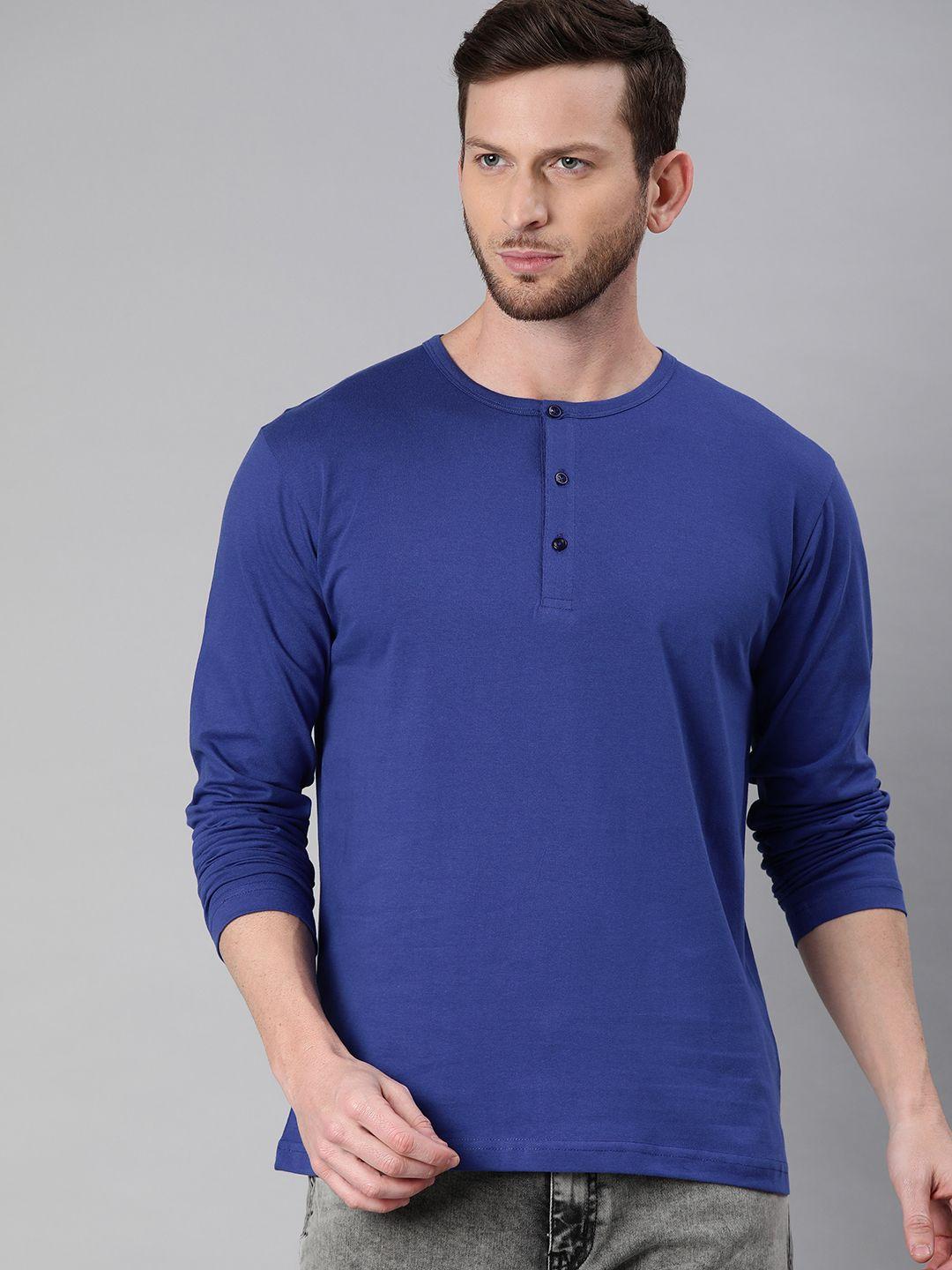 be awara men blue pure cotton solid henley neck t-shirt