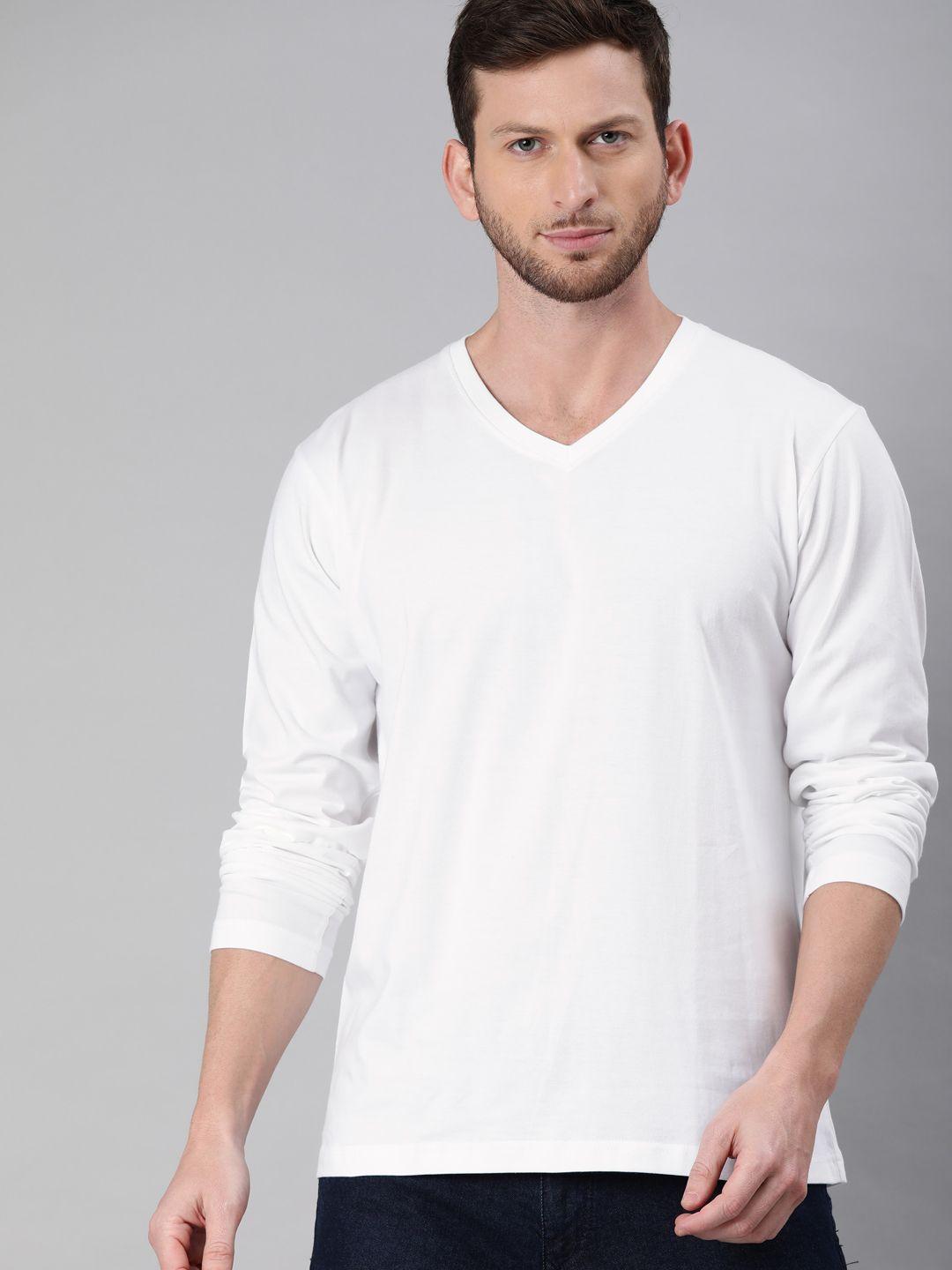 be awara men white pure cotton solid v-neck t-shirt