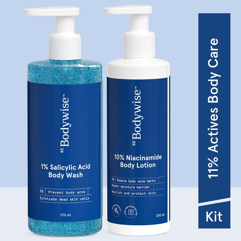 be bodywise back acne kit - 1% salicylic acid body wash & 10% niacinamide body lotion- for soft skin