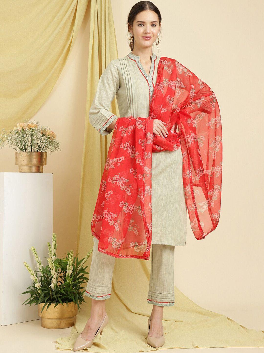 be indi band collar linen straight kurta with trousers & floral printed dupatta