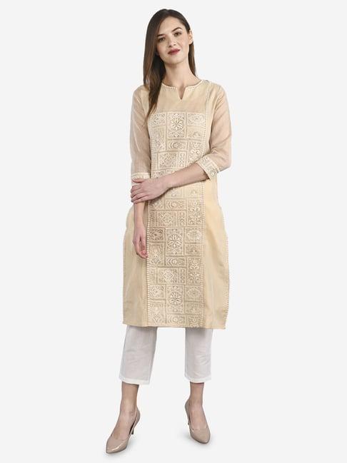 be indi beige embroidered straight kurta