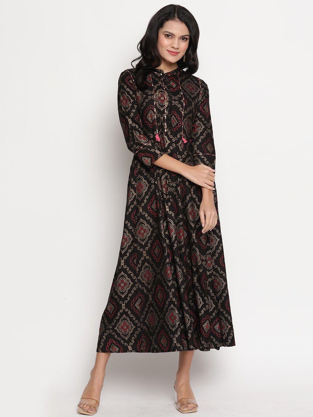 be indi black & pink ethnic motifs a-line midi dress