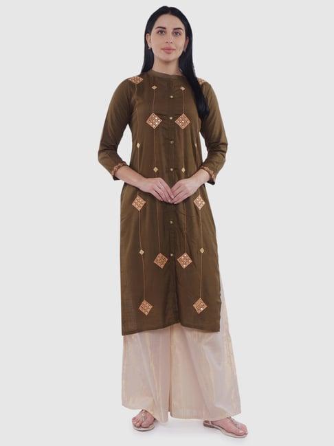 be indi brown embroidered straight kurta