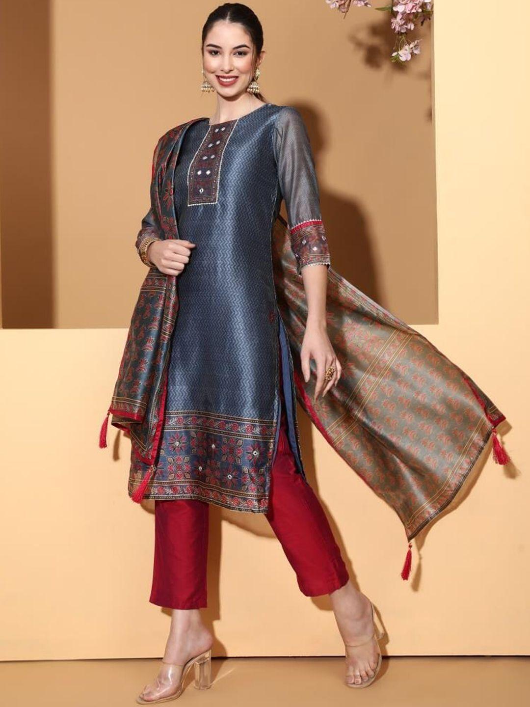 be indi chevron printed mirror work chanderi silk kurta with trousers & dupatta