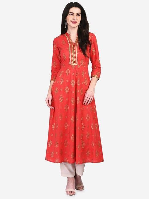 be indi coral cotton floral print a line kurta