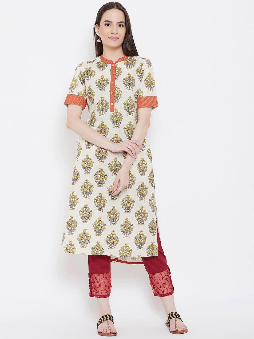 be indi cotton ethnic motifs printed mandarin collar kurta