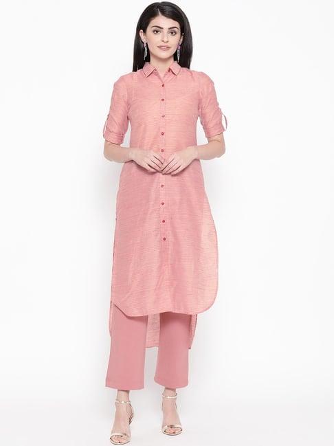 be indi dusty pink cotton striped straight kurta