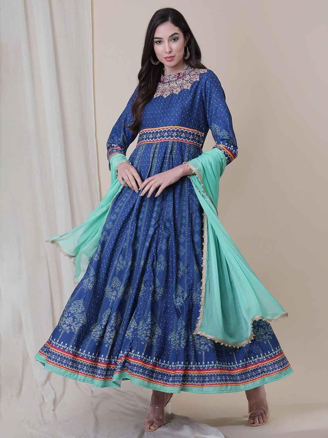 be indi ethnic motifs print maxi ethnic dress with dupatta